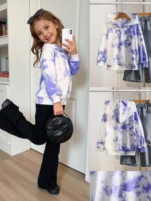 SHEIN 女童休闲长袖连帽扎染运动卫衣，紫色和白色长袖卫衣 - 紫色 - 查看 10