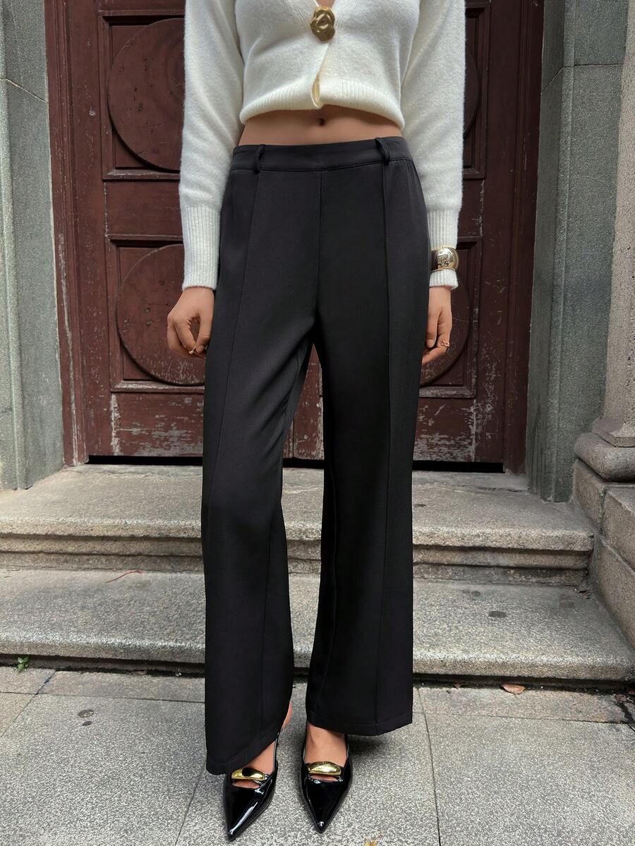 SHEIN Unity 女式休闲纯色直筒西装裤 - 黑色 - 查看 1
