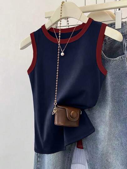 SHEIN 大码女式休闲简约撞色装饰圆领背心，夏季