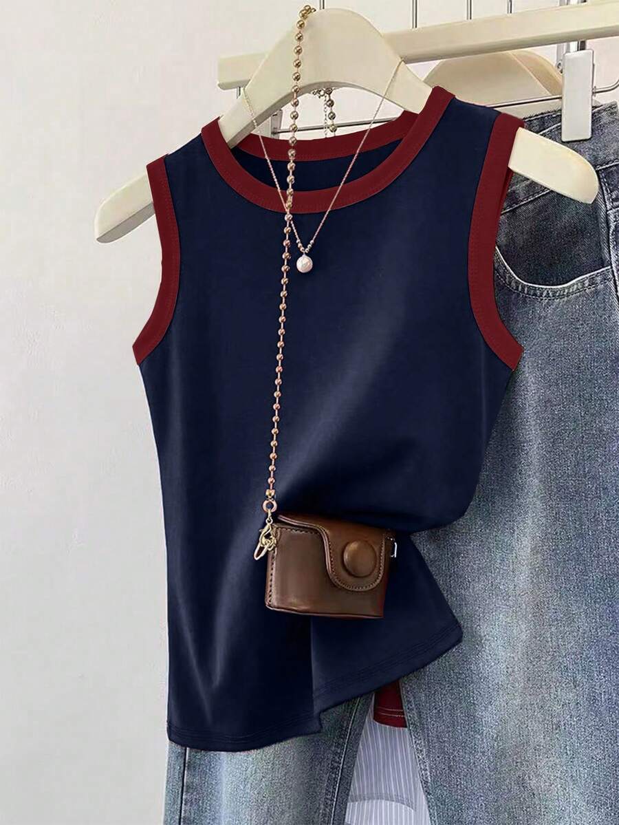 SHEIN 大码女式休闲简约撞色装饰圆领背心，夏季 - 藍色 - 查看 1