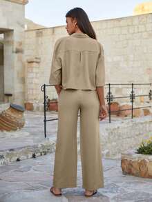 EURMUSE Bộ áo crop top và quần cạp cao cho nữ - Màu be - Xem 2