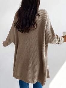 EURMUSE Cárdigan de plumero con doble bolsillos de manga murciélago tejido de canalé - Marrón Mocha - Ver 2