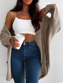 EURMUSE Cárdigan de plumero con doble bolsillos de manga murciélago tejido de canalé - Marrón Mocha - Ver 6
