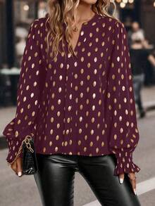 EMERY ROSE Women's Casual Dot Print Notched Neck Blouse, Autumn - Red Violet - View 3