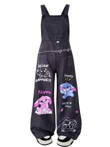 Tween 女童卡通印花黑色休闲连体裤，返校街头风格儿童学院风运动服工装裤，宽松高腰工装裤街头服饰 - 黑色 - 查看 4