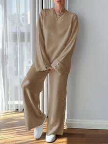 EURMUSE Women Button Detailed Sweater And Pant Set - Camel - View 5