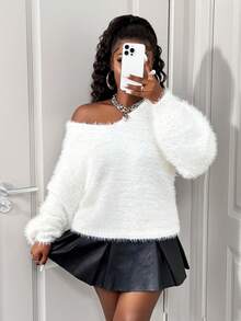 SHEIN Unity 女士蓬松V领宽松套头衫，秋冬新品 - 白色 - 查看 1