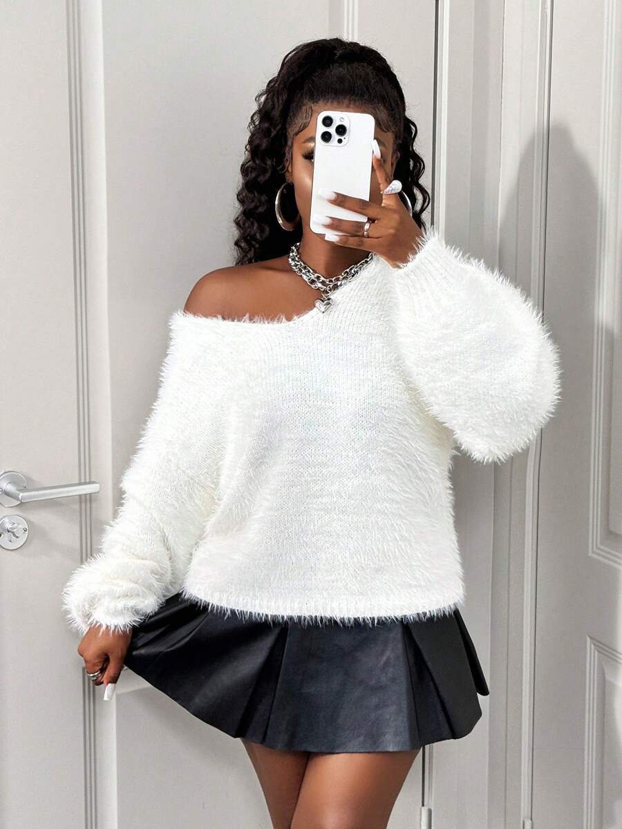 SHEIN Unity 女士蓬松V领宽松套头衫,秋冬新品 - 白色 - 查看 1