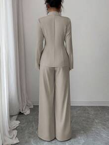 Elenzga Women's Apricot Thick Fabric V-Neck Blazer Design Black Contrast Button Fake Pocket Teacher Uniform Elegant Professional Outfit, Thanksgiving Halloween Atmosphere, Autumn New Arrival Fashion Essential High-End Dignified Long Sleeve Waist Cinched Loose Straight Leg Pants Two Pieces Set - Khaki - View 2