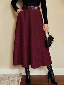 Vintamour Women's Elegant Daily Slant Pocket A-Line Wine Red Skirt, Autumn - Burgundy - View 1