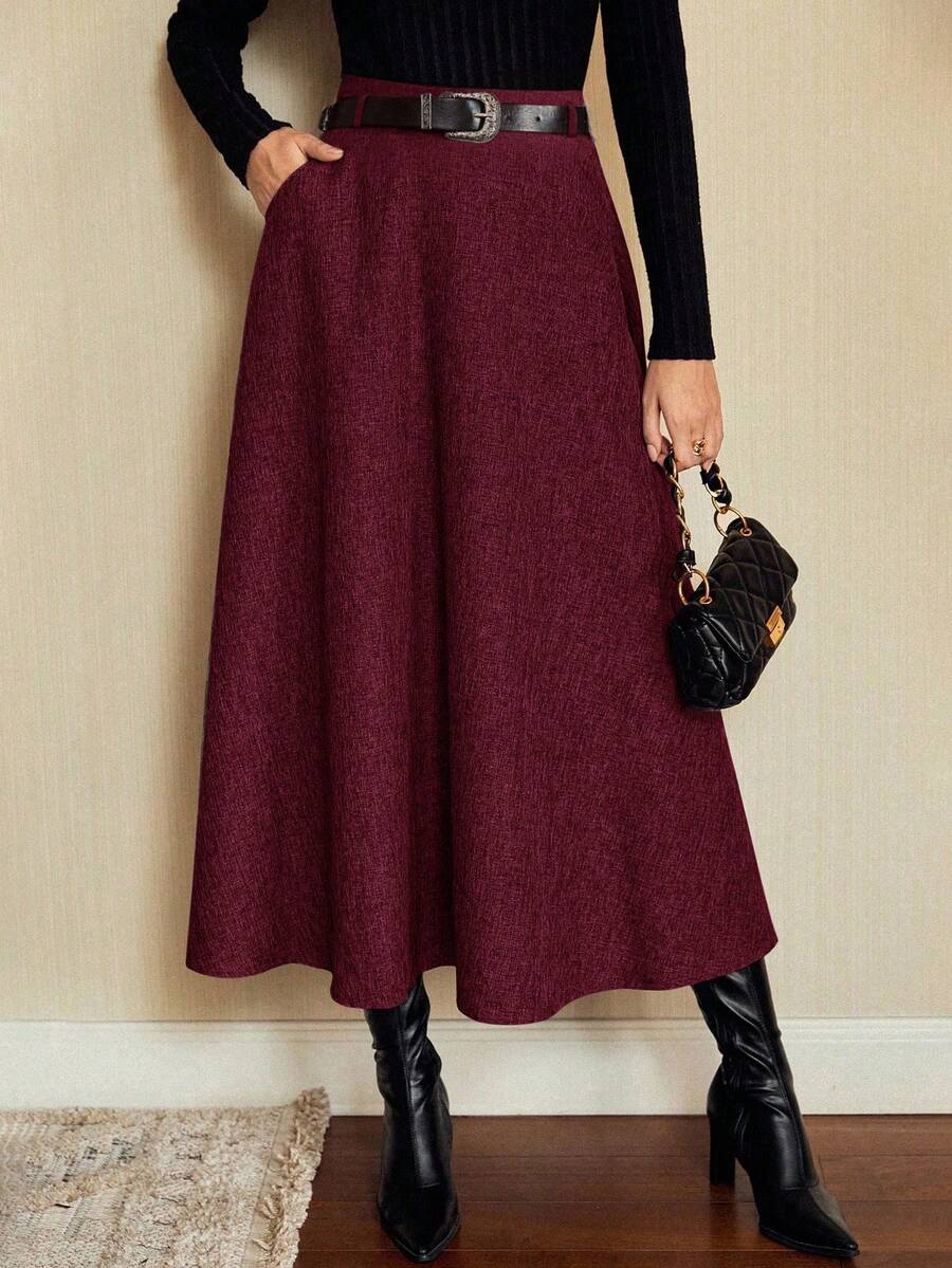 Vintamour Women's Elegant Daily Slant Pocket A-Line Wine Red Skirt, Autumn - Burgundy - View 1