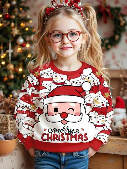 SHEIN Áo nỉ dài tay cổ tròn dáng rộng thoải mái cho bé gái, màu đỏ Giáng sinh, họa tiết ông già Noel hoạt hình đáng yêu, mèo dễ thương, trái tim, bông tuyết, người tuyết Giáng sinh, tuần lộc, thích hợp mặc hàng ngày. Phù hợp cho mùa thu/đông, tiệc Giáng sinh, phong cách đường phố, ở nhà.