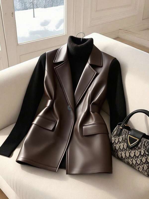 GlowEve Women's Vintage Casual PU Leather Flat Collar Single-Breasted Jacket, Autumn