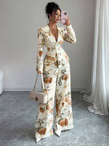 Elenzga 2 件套女式花卉印花西装领长袖开襟夹克和阔腿裤，松紧腰，时尚，百搭，优雅，春秋 - 棕色 - 查看 7