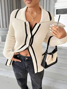 Calvaya Plus Size Women's Striped Long Sleeve Single-Breasted Casual Cardigan, Autumn/Winter Fall Cloth For Women - Apricot - View 9