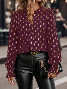 EMERY ROSE Women's Casual Dot Print Notched Neck Blouse, Autumn - Red Violet - View 5