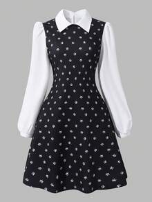 SHEIN Explorewe Streecool Teen Girl Casual College Style Teen Girl Solid Color Patchwork Long Sleeve Short Casual Dress - Black - View 4