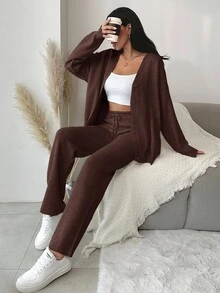 EURMUSE 2pcs Women Simple Front Button Long Sleeve Top And Pants Knit Sweater Set - Brown - View 7