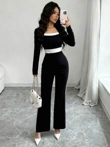 Selianne Czarno-biały kombinezon z wysokim stanem i łatami, dopasowany do sylwetki - Czarne - Zobacz 1