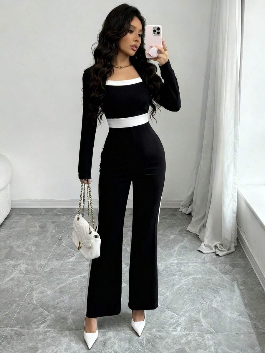 Selianne Czarno-biały kombinezon z wysokim stanem i łatami, dopasowany do sylwetki - Czarne - Zobacz 1