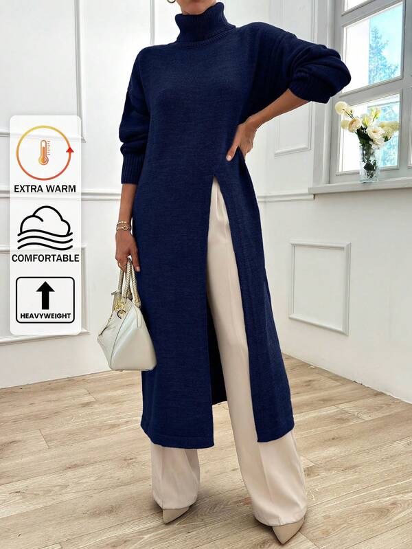 EURMUSE Casual Solid Color Turtleneck High Slit Sweater, Autumn/Winter,Jumper,Cream Jumper,Jumpers For Women,Jumpers,Black Jumper,Womens Jumper,White Jumper,Women's Jumper,Women's Jumpers