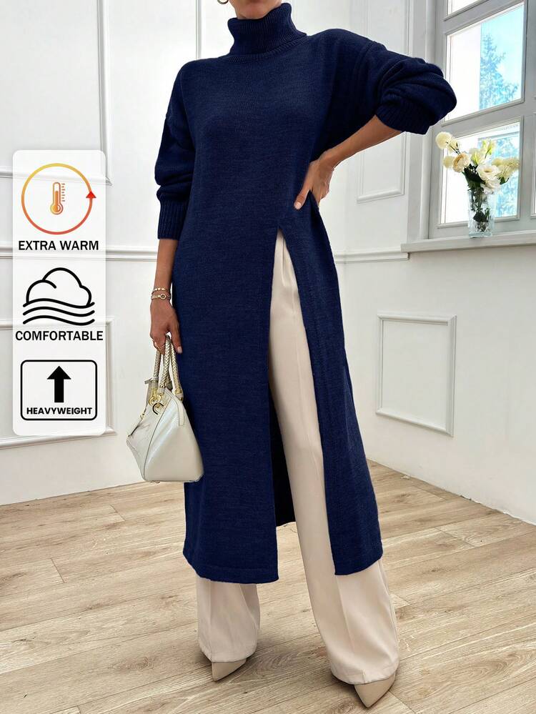 EURMUSE Casual Elegant Solid Color Turtleneck High Slit Sweater, Autumn/Winter, Navy Blue Jumper, Jumpers For Women, Office - Navy Blue - View 1