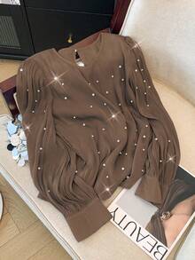SHEIN Clasi Plus Size Luxury Beaded French Style Blouse - Brown - View 1