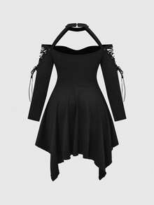 ROMWE Váy ren cổ chữ V lệch vai phong cách Gothic Metal Punk cỡ lớn dành cho phụ nữ cỡ lớn - màu đen - Xem 4