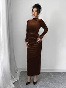Elenzga Women Elegant Velvet Asymmetric Ruffle Split Hem Dress Burgundy Maxi Women Outfit - Coffee Brown - View 3