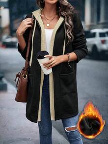 EMERY ROSE 女式休闲时尚街头拼接口袋抽绳连帽保暖内衬保暖夹克，秋冬 - 杏色 - 查看 1