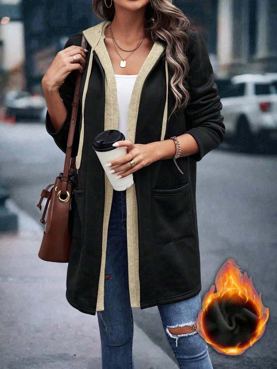 EMERY ROSE 女式休闲时尚街头拼接口袋抽绳连帽保暖内衬保暖夹克，秋冬 - 杏色 - 查看 1