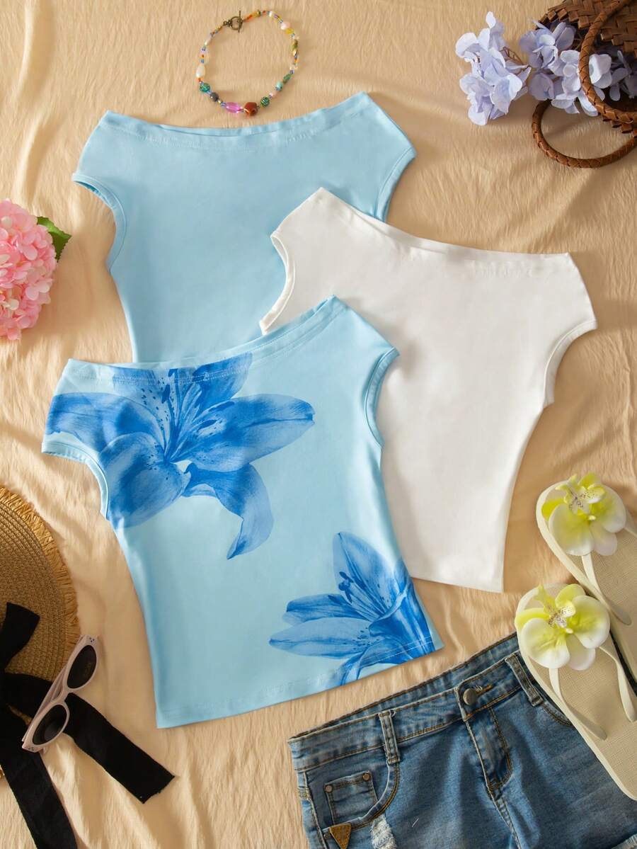 Set de 3 camisetas ajustadas de hombros descubiertos para niñas, estilo vacacional, multicolor - Multicolor - Ver 1