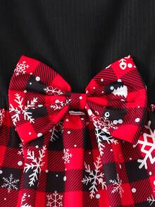 SHEIN Playful Pals Baby Girl Christmas Plaid Dress Snowflake Print Long Sleeve Ruffle Shoulder Large Bow A-Line Princess Dress Holiday Party Outfit - Multicolor - View 4