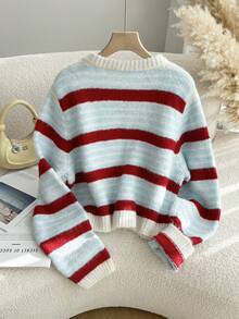 Resyla Plus Size Casual Colorblock Button-Up Crew Neck Cardigan, Autumn/Winter - Beige - View 2