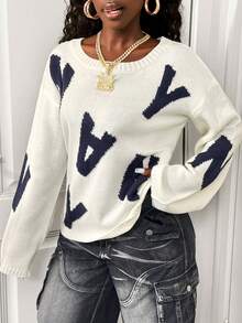 BamGleam Women's Casual Fashion Street Letter Pattern Loose Oversized Pullover Sweater, Autumn, Christmas