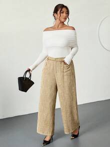Firerie Pantalones casuales elegantes a juego para mujer de talla grande con cadena metálica y decoración de botones, adecuados para el trabajo, la oficina, el transporte, otoño/invierno - Caqui - Ver 2