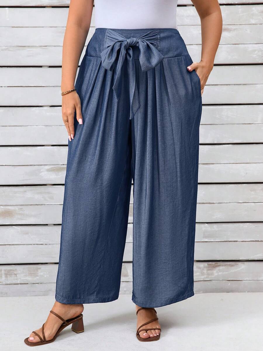 EMERY ROSE Plus Size Women Elegant Casual Tie Knot Long Pants - Blue - View 1