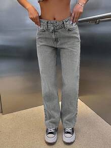 CasuGlow 100% Cotton HIGH RISE ASYMMETRIC BELT STRAIGHT CUT JEAN - Grey - View 5