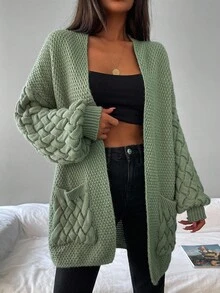 EURMUSE Dual Pocket Open Front Cardigan - Green - View 7