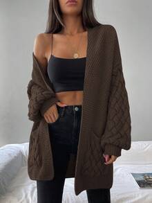 EURMUSE Dual Pocket Drop Shoulder Open Front Cardigan - 棕色 - 查看 3