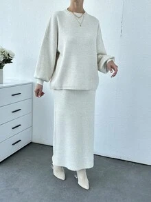 EURMUSE 女士纯色灯笼袖毛衣和毛衣裙套装