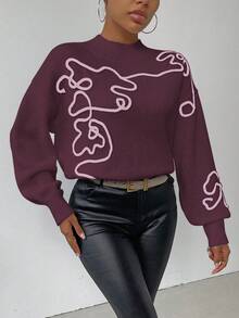 SHEIN LUNE Women's Contrast Color Pattern Turtleneck Long Sleeve Sweater - Dusty Purple - View 5