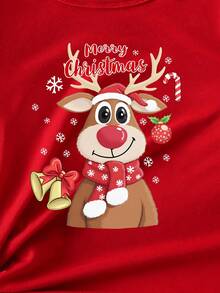 SHEIN 圣诞节圣诞快乐服装女孩休闲时尚创意卡通可爱驯鹿蝴蝶结卡通图案印花基本款短袖T恤 - 黑色 - 查看 5