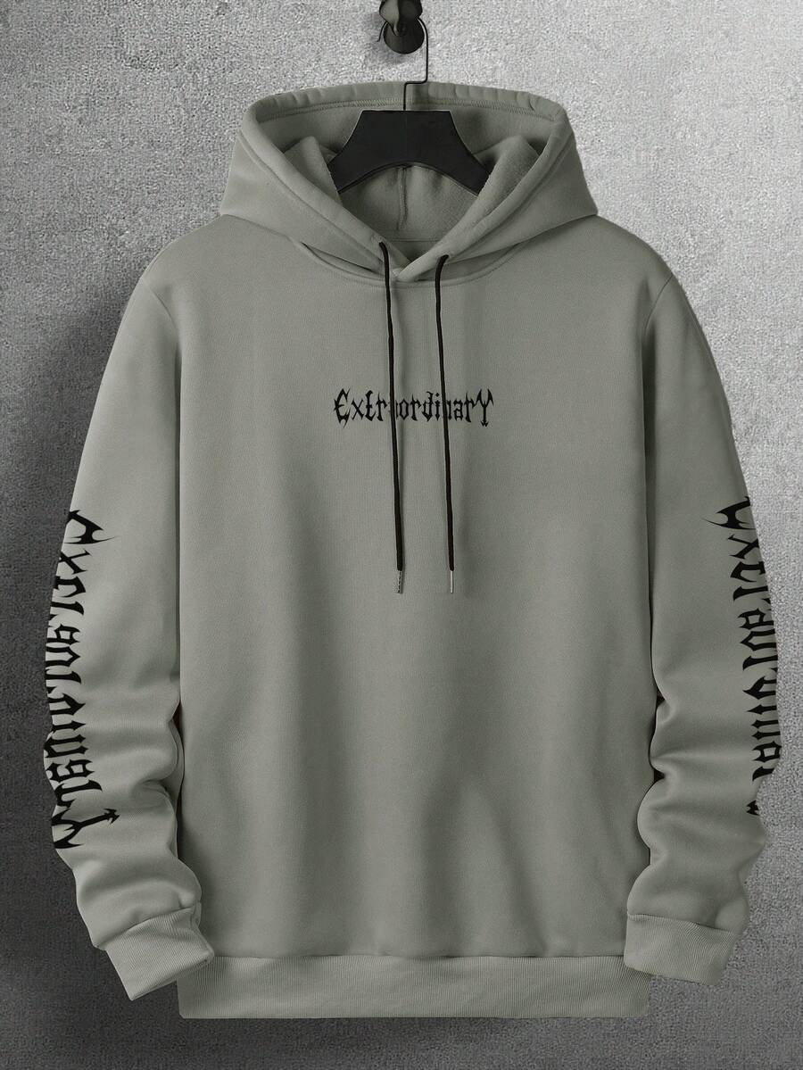 SHEIN Cottnline Men's Gothic English Print Hooded Sweatshirt, Street Style - Army Green - View 1