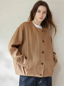 Aveloria Modichic Solid Color Twill European & American Style Versatile Bomber Jacket, Long Sleeve Outerwear - Khaki - View 3