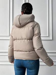 EURMUSE Zip Up Snap Button Drawstring Hooded Puffer Coat - Grey - View 2