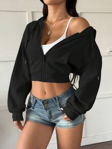 INAWLY Y2K街头性感长袖纯色黑色休闲短款卫衣，带拉链和口袋 - 黑色 - 查看 3