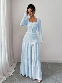 Selianne 女式粉色纹理面料休闲度假风格长袖方领纽扣上衣和超长 A 字裙两件套，秋季 - 藍色 - 查看 5