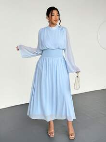 Firerie 大码女式优雅高领喇叭长袖中长连衣裙，适合春季、夏季、秋季、冬季、通勤、优雅、波西米亚、浪漫、约会、婚礼、毕业典礼、音乐会、工作、女士生日连衣裙 - 藍色 - 查看 7