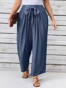 EMERY ROSE Plus Size Women Elegant Casual Tie Knot Long Pants - Blue - View 7